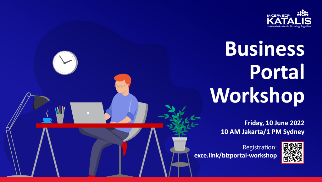 Business Portal Workshop invitation, featuring the date and timing (Friday, 10 June 2022 at 10 AM Jakarta/1 PM Sydney) and the registration link