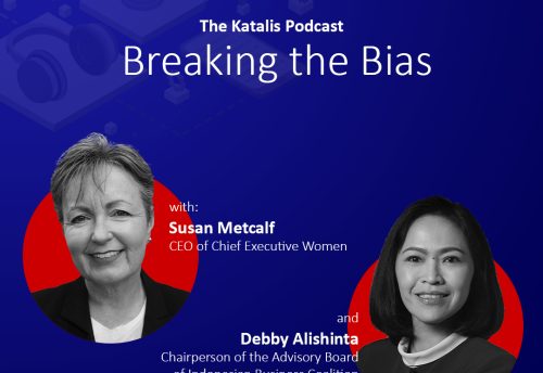 The Katalis Podcast episode Breaking the Bias, featuring the two guests Susan Metcalf of CEW and Debby Alishinta of IBCWE