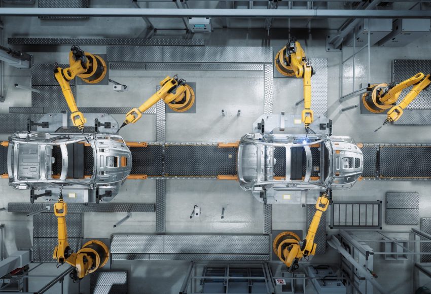 Aerial Car Factory 3D Concept: Automated Robot Arm Assembly Line Manufacturing Advanced High Tech Green Energy Electric Vehicles. Construction, Building, Welding Industrial Production Conveyor